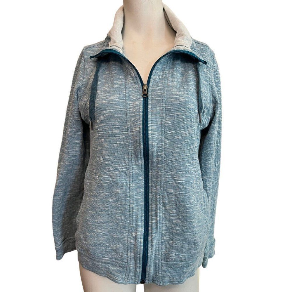 REI Jacket Womens Large Blue Space Dye Full Zip Pockets Sweatshirt Funnel Neck